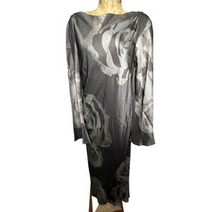 Mint Dress Womens Size 10 Large Gray Brown Rose Print Long Sleeve Maxi Back Tie